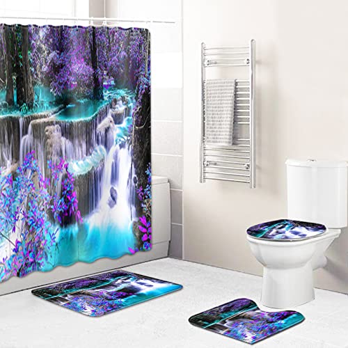 Duschvorhang Purple Cyan Wasserfall Badezimmerteppich 4-Teiliges Set, Duschvorhang 180x180 Polyester+Badematte…