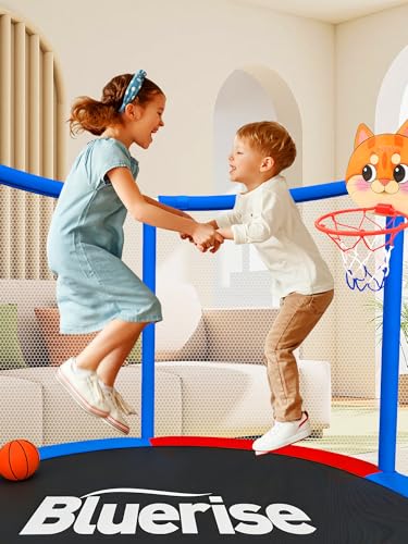 Image of BLUERISE 55IN 6FT Indoor /Outdoor Toddler Trampoline for Kids | Galvanized Steel Pipe,Multiple Activity Accessories,110lb,Safety Enclosure,Basketball Hoop,No-Gap Design,Anti-Rollover Bottom