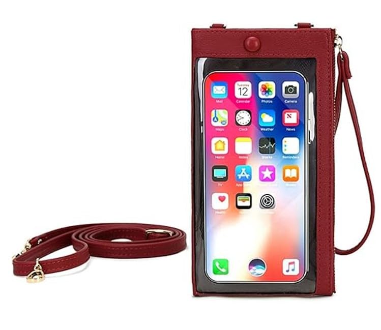 Aslana Women Faux Leather Long Wallet Wristlet Handbag with Touch Screen Clear Phone Window (Double Zipped Burgundy)