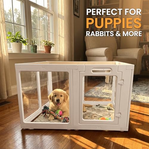 Image of Transparent Indoor Dog Playpen with Safety Lock, Indoor Dog Fence for Small & Medium Pets | Secure, Stylish, Easy Clean Play Pen for Dogs & Pets with Scratch Resistant Panels (White, 8 Panel)