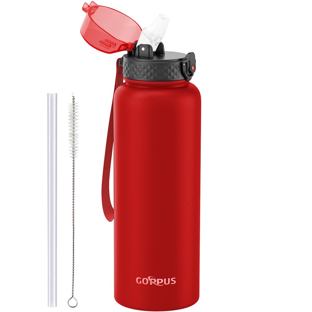 GOPPUS 1.2L/40oz Stainless Water Bottle with Straw Double Wall Insulated Bottles with Strap Large Vacuum Thermal Flask Leakproof Keep Cold Drinks Bottles with Flip Top Lid for Men Women BPA Free