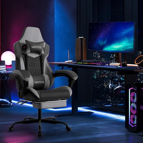 Image of Gaming Chair with Footrest, High Back Gaming Chairs PVC Leather Ergonomic Gamer Chair with Adjustable Headrest Lumbar Support Racing Style Video Gaming Chair for Office /Home (BlackGrey)