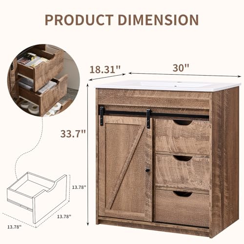 30\" Farmhouse Bathroom Vanity with Sink Set of 2, Bathroom Vanity w/Sliding Barn Door, Modern Bathroom Cabinet w/3 Drawers & Adjustable Shelves, Floor Standing Bathroom Vanity w/Metal Handle, Brown - Thumbnail 2