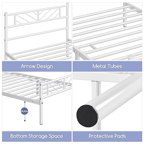 Yaheetech Metallbett 90 x 190 cm Minimalistischer Bettrahmen mit Kopfteil Gästebett mit Lattenrost für Schlafzimmer Gästezimmer 32cm Höhe unter dem Bett Weiß