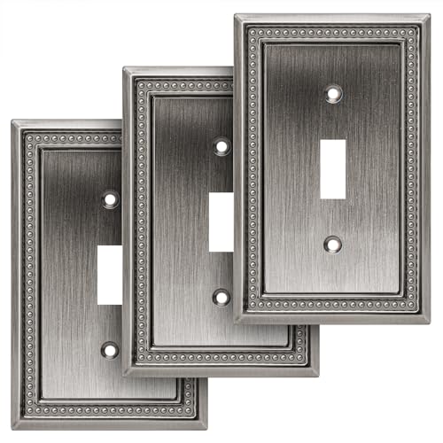 Image of Henne Bery Sunken Pearls Heavy Duty Decorative Wall Plate Switch Plate Outlet Cover (Single Toggle, 3 Pack, Heirloom Silver)