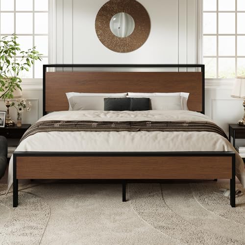 Image of Allewie King Size Bed Frame, Heavy Duty 12 Metal Slats Support, Walnut | Wooden Headboard and Footboard, Modern Platform Bed, No Box Spring Needed, Under-Bed Storage, Noise Free, Easy Assembly