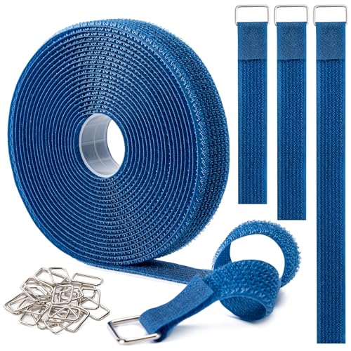 1" x16Ft Hook and Loop Straps with 25 Metal Buckles，Blue