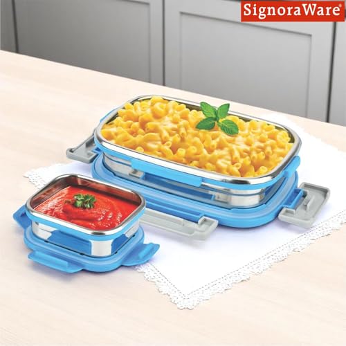 Image of SignoraWare Quickmeal Stainless Steel Small Lunch Box | Airtight & Leakproof | Portion Control | Easy to Carry | Ideal for Office, School, Kids & Travel (650ml + 130ml | TBlue)