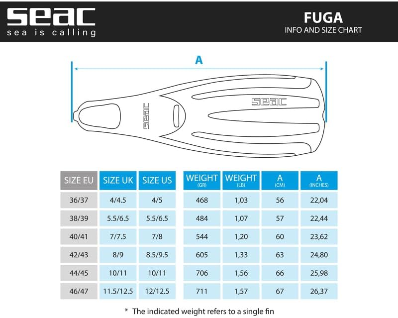 Miniatura 7 de Seac Fuga, aletas de buceo para buceo, esnórquel y apnea con bolsillo para los pies, para adultos, Made in Italy