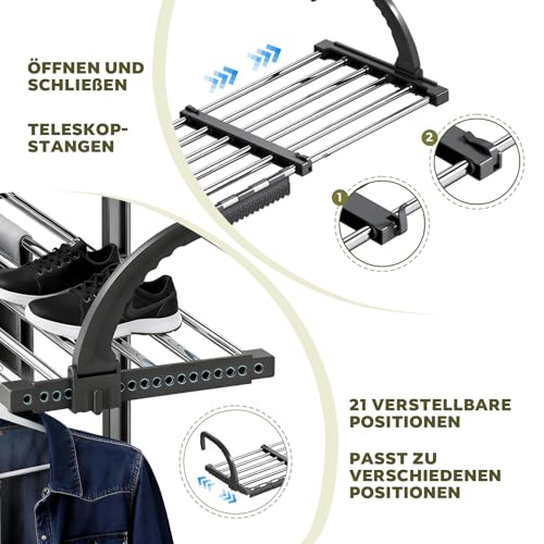 Ribech Ausziehbarer Wäscheständer 64-110 cm – Verstellbarer & Balkon Wäschetrockner mit Edelstahl-Gestell, Höchstbelastung 12 kg, platzsparend