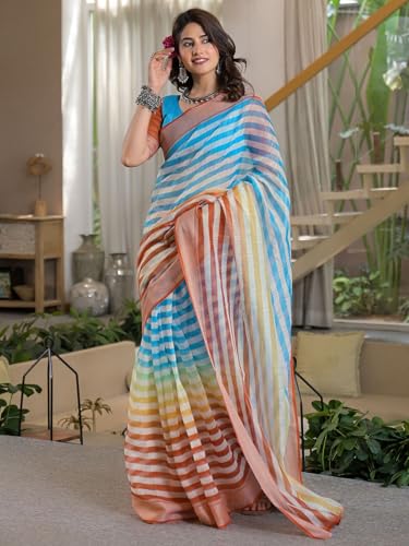 Image of Satrani Women's Linen Printed & Embroidery Ready To Wear Saree with Unstitched Blouse Piece