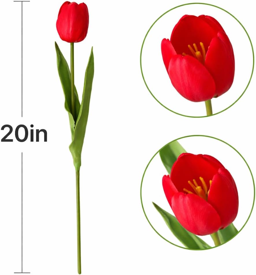 Floral Kingdom 20 Inch Real Touch Artificial Tulip Flowers 10 Stems Red Faux Tulips for Wedding Centerpieces, Spring Home Decor, Kitchen Island & Table Vase Arrangements