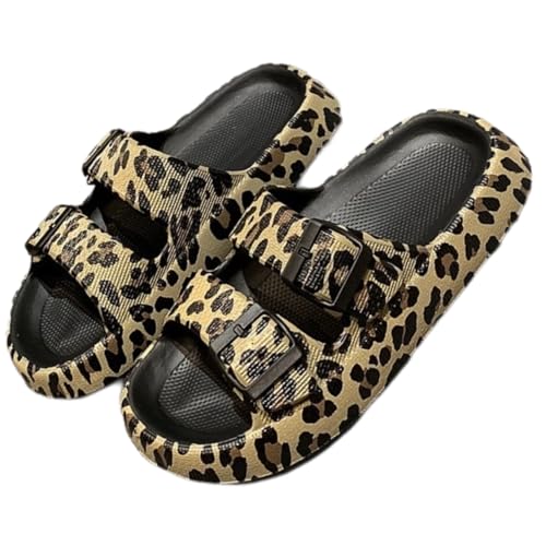 Women's Leopard Print Double Buckle Cloud Slides Open Toe Thick Sole EVA Pillow Slippers for Indoor & Outdoor