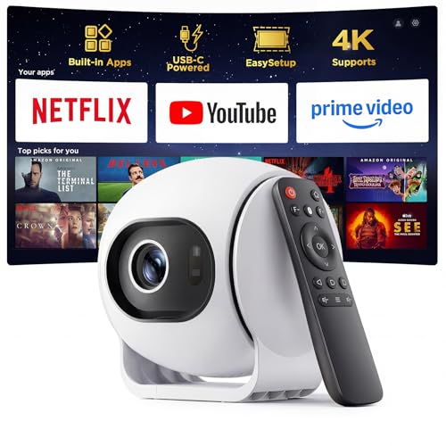 Image of [ Ultra Short Throw & Built-in Apps ] Android 14 Smart Projector with WiFi and Bluetooth, 1080P FHD HDR10, Auto Focus/Keystone, Mini Portable Projector Support Power Bank for Bedroom/Outdoor, White