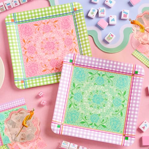 xo Fetti Mahjong Party Plates - 24 Paper Plates 11 | Garden Party Tea Party Floral Gingham Birthday Easter Spring Pastel Pink Purple Green