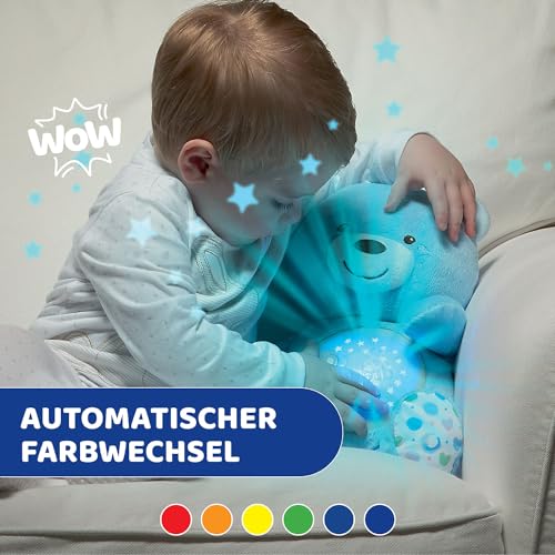 Chicco Kuscheltier Bär, Baby Spielzeug ab Geburt, Teddybär Plüsch, weicher Projektor mit Nachtlicht, Lichteffekten und entspannenden Melodien, Kinderspielzeug 0+ Monate, Hellblau, Kindertag Geschenk
