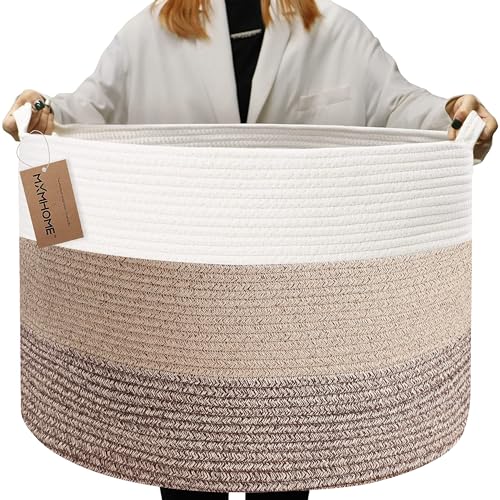 Image of MXMHOME Large Cotton Blanket Basket,22"x22"x14" Rope Basket for Living Room Baby Laundry with Handle Nursery Soft Storage Comforter Cushions Thread Hamper