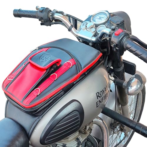 Image of RE Classic Electra Bullet Thunderbird 350 /500 Hunter 350 Leather Scratch Proof Tank Cover Tank Bag with Centre Fuel Cap Zipper Pocket Mobile Holder Motorcycle Accessories Red (Pack of 1)