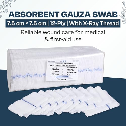 Image of LIFEMED Non-Sterile Gauze Swab 7.5cm x 7.5cm x 12Ply with X-Ray Detectable Thread - High-Absorbency Medical Dressing for Wound Care, Surgical Use & First Aid (Pack of 100 Swabs)
