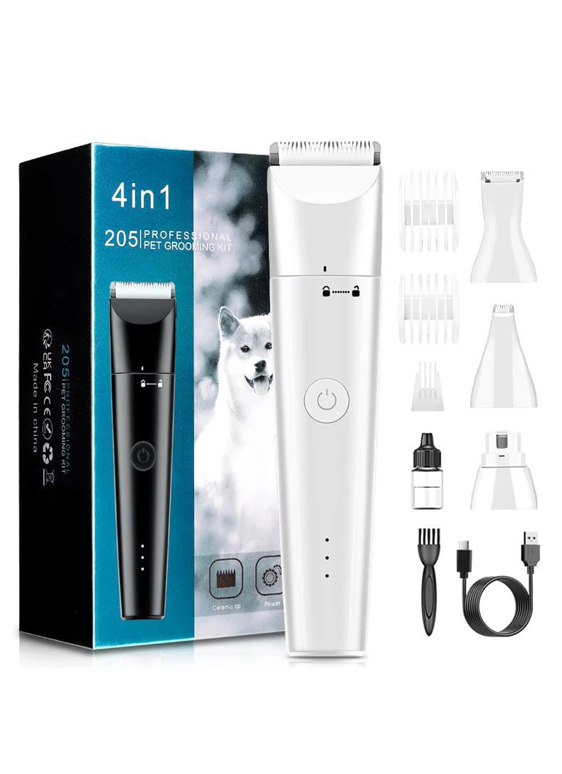 Meraki Quiet Cordless Dog Grooming Kit 4 in 1 Rechargeable- Paw Trimmer, Dog Nail Grinder, Small Pet Clippers & Shaver