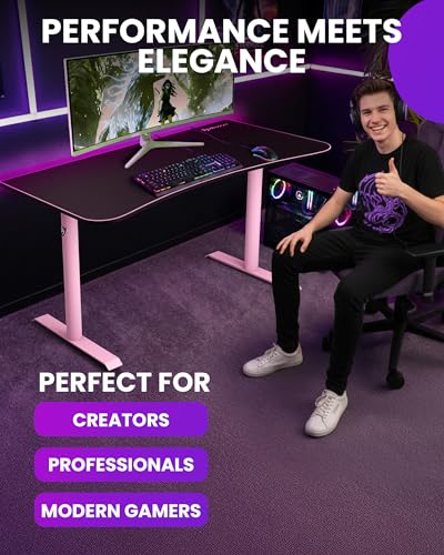 Image of Arozzi Arena Medium Gamer Desk - 55x30 inch Steel Frame PC Gaming Desk with Storage for Cables & Dual-Monitor Support - Full-Surface Washable Mousepad - Pink