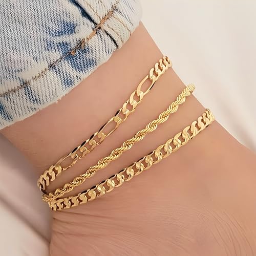 Image of iF YOU Gold Ankle Bracelets for Women, 14k Gold Plated Waterproof Cuban Link Chain Anklets Set, Layered Anklet Bracelets for Women Beach Gift Adjustable Size 5pcs