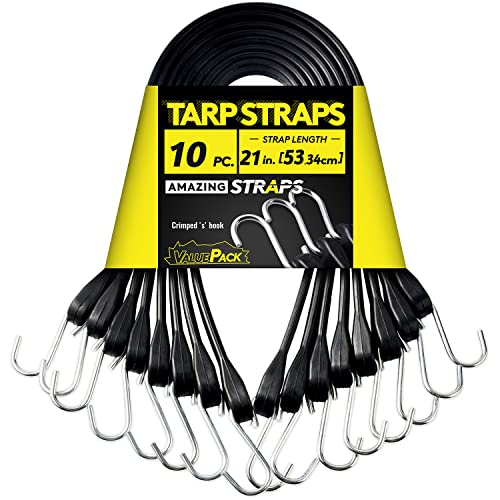 Rubber Bungee Cords Heavy Duty Outdoor with 1.8X Max Stretch & Over 176 lbs Load, 100% EPDM Black Bungee Straps with Crimped S Hooks for Cargo, Tarps, Van, Truck, Motorcycle, Weatherproof (10 Pack)