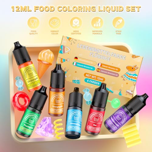 Wwtop Lebensmittelfarbe 6 Farben x12ml, Hochkonzentriert Lebensmittelfarbe Flüssig zum Backen, Lebensmittel Farben Food Coloring Set für Fondant, Christmas Kuchen, Macarons,Donuts,Kekse (Regenbogen)