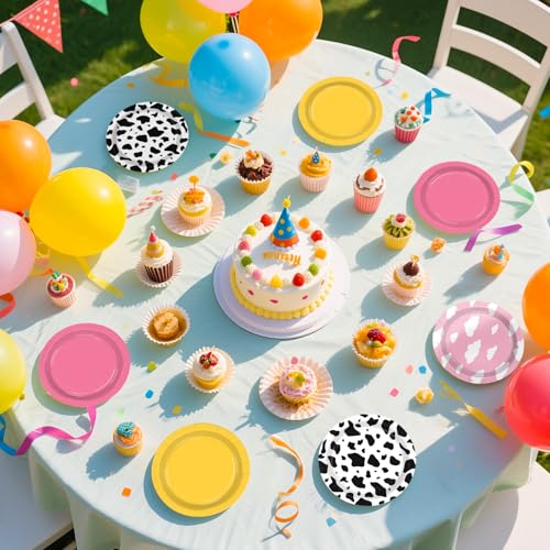 Image of 60Pcs Toy Paper Plates 7 inch Pink Yellow Cow Cloud Heavy Duty Paper Plates | Toy Cartoon Theme Disposable Dessert Cake Platters for Girls Baby Shower Birthday Party Supplies
