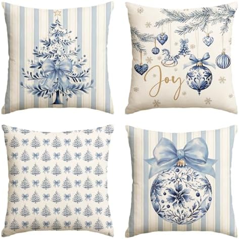 AVOIN colorlife Blue Stripe Christmas Tree Balls Bow Throw Pillow...