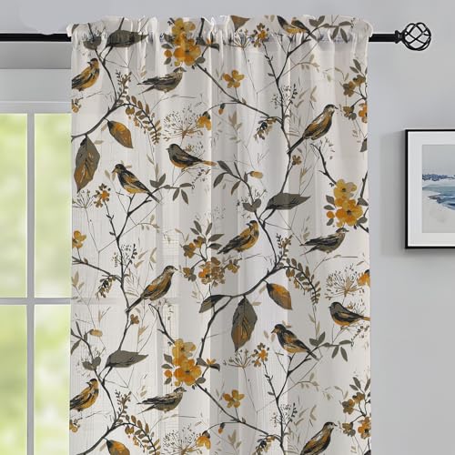 Image of LINENWALAS Decorative Cotton Semi Sheer Curtains 5 Feet Long Set of 2 Panel, Rod Pocket Hanging, Bird Printed Window Curtains for Living Room, Home Decor (L-5 x W-4.5 Feet, Birdie Bliss), White