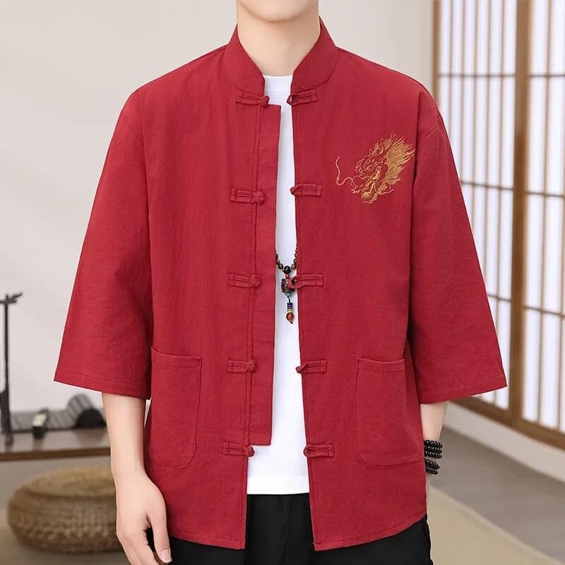 Traditional Chinese Embroidered Shirt 3/4 Sleeve Top for Men Linen Tops