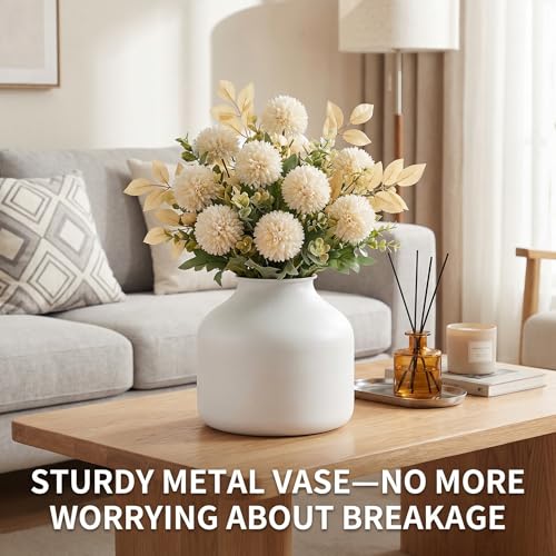 Image of Goaste Metal Matte Flower Vase, White Vase for Flowers, 6.3 Inch Tall Iron Frosted Floral Arranging Vases, Nordic Style Round Boho Vases for Modern Minimalist Home Decor, Wedding, Bookshelf