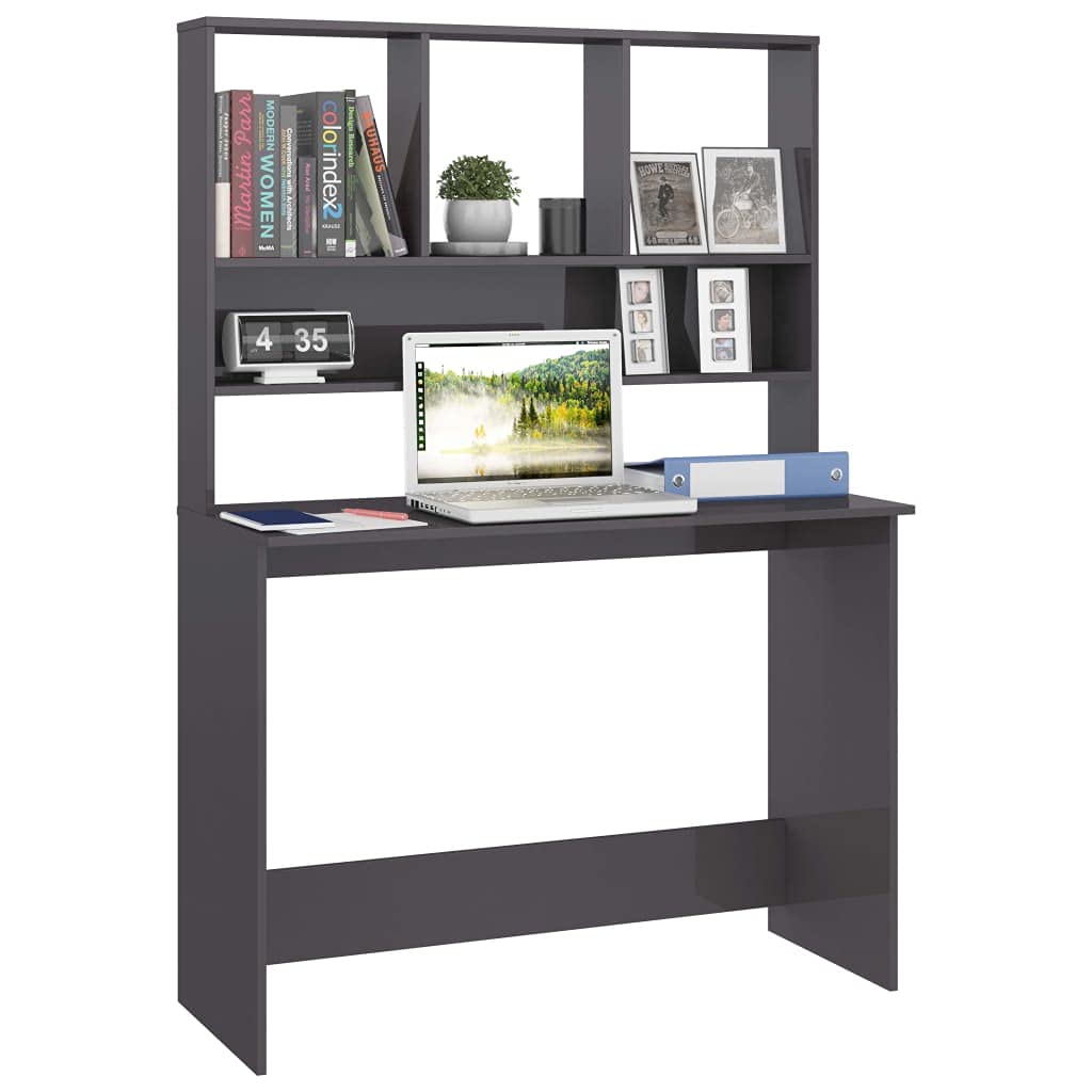 Scrivania verticale da ufficio con ripiani, grigio lucido, 110 x 45 x 157 cm, in legno, postazione di lavoro salvaspazio con spazio per raccoglitori, tastiera e laptop