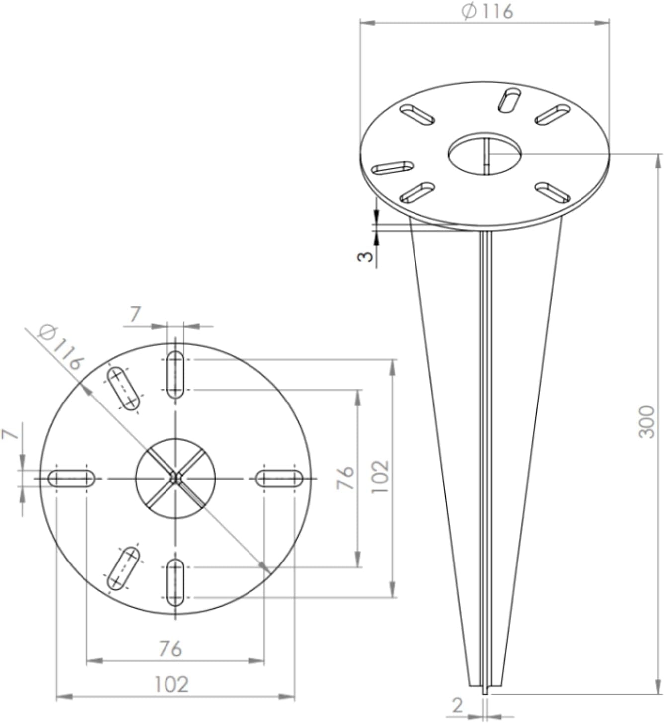 TRIBECCO Estaca de impacto para lámpara de jardín – Ø 116 x 300 mm – con apertura Ø 30 mm para gestión de cables – Acero plano galvanizado – Anclaje de suelo para iluminación de jardín