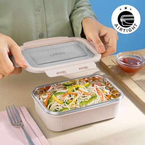 Image of Larah by BOROSIL Freshbyte Food Storage Container with Airtight Stainless Steel Lid | Fridge Container for Lunchbox | Food Grade | Microwave Safe (Beige, 600 ml, Rectangular)