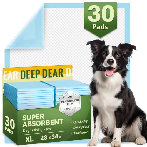 Image of DEEP DEAR Extra Large Dog Pads 28 inchx34 inch, 30 Count Thicker Puppy Pads XL, Super Absorbent Pee Pads for Dogs, Disposable Incontience Underpads for Doggies, Cats, Rabbits, Pups, Leak-Proof Pet Potty Mats