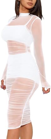 Women 3 Piece Outfits Top Shorts Mesh Ruched Dress