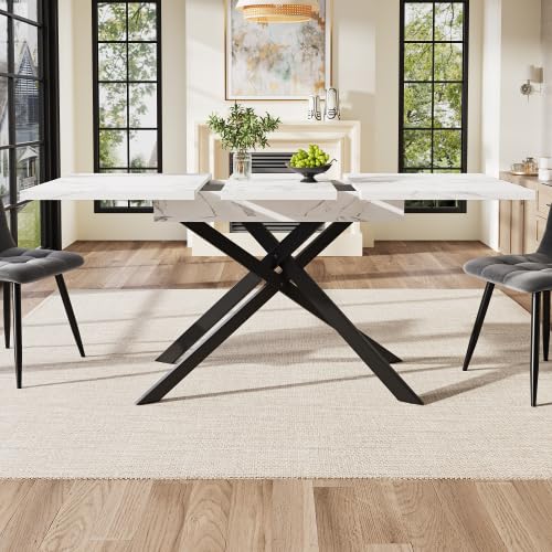 Table de salle à manger extensible 120-160 cm avec décoration en marbre, table de cuisine pour 6 à 8 personnes avec fonction télescopique et pieds en métal croisé, blanc/noir
