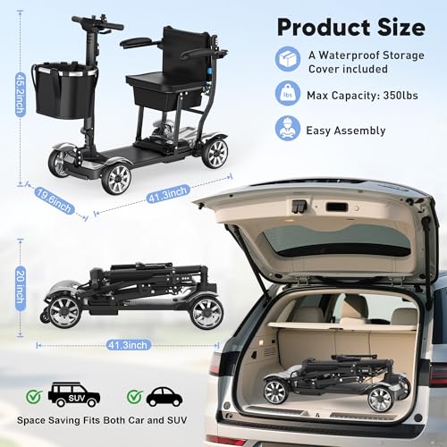 Image of 4 Wheels Mobility Scooters for Seniors,39LBS Light Frame&15 Miles Travel Range&350LBS Capacity&270W Brushless Motor Powered Wheelchair Folding Electric Scooter&Dust Cover&LED Lights&Auto Brake ELC-15