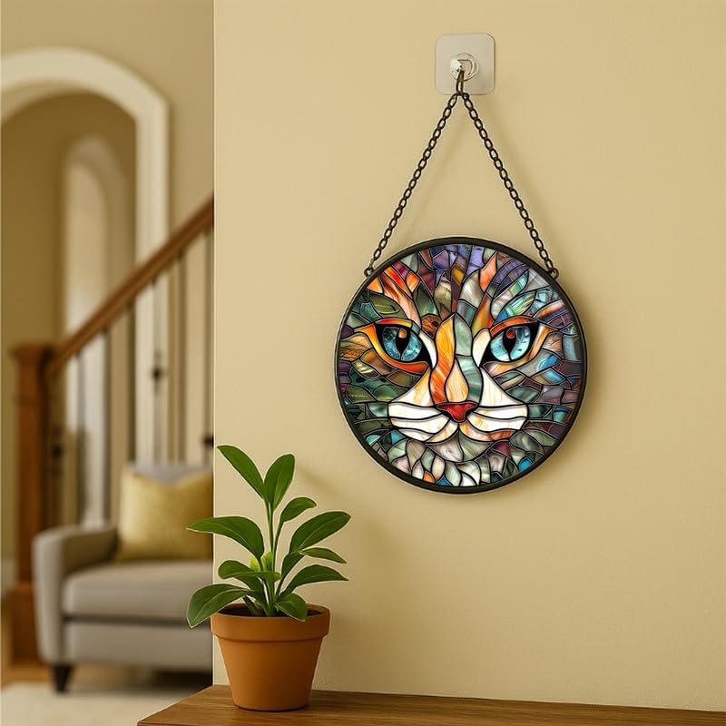 Stained Glass Window Hanging Cat Face， 11.8in Sun Catchers Panel for Indoor Decorative Display for Mom， Wife， Lovers， Festive
