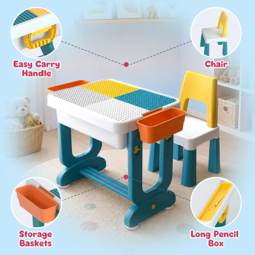 Image of JD FRESH 4 in 1 Genius Kids Study Table Set with Chair /Multifunctional Building Blocks Desk Set with 2 Side Box /Little Children Learner Activity Table /Portable Drawing Table for 3-7 Years Kids
