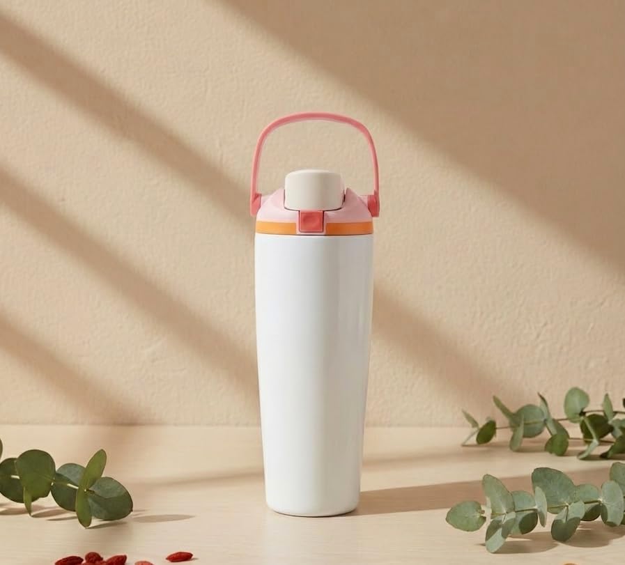 Free-Sip Sway Insulated Stainless Steel Water Bottle-Tumbler with Two-Way Spout, Built-In Straw and Bucket Handle, BPA Free, Leak Proof. 30oz (Pale pink Grey)