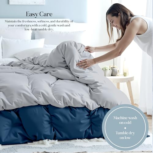 Image of ROYALE LINENS Reversible Comforter - Queen Size Duvet Insert - All Season Soft Quilted Comforters with 8 Corner Tabs - Down Alternative Bedding Comforter - Duvet Insert (Navy /Silver, Queen 88 inchx88 inch)