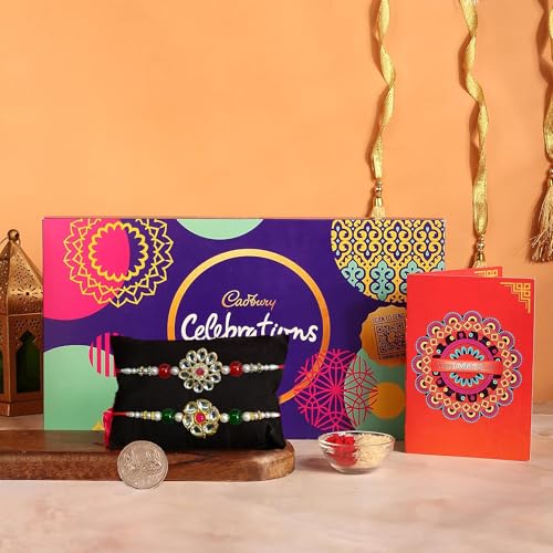 Image of Frostick Designer Rakhi With Chocolate Gift for Bhaiya /Bhai /Brother With Greeting Card, Tilak Chawal And Silver coin (Big Cadbury Celebration, Pack of 2) (Random Design Rakhi)
