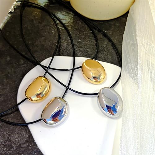 Necklace Stylish Metal Oval Shaped Neckchain Geometric Pendant Necklace Adjustable PU Leather Cord Clavicle Chain Elegant Jewelry3