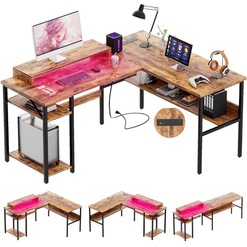 iSunirm Escritorio para juegos en forma de L, escritorio de computadora con luz LED, mesa de juegos con soporte para monitor y estantes de almacenamiento, escritorio de esquina para estudio, juego en
