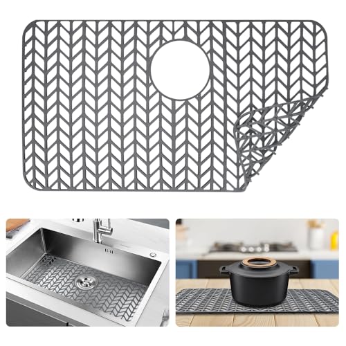 FOSFUKEER Alfombrilla de Silicona para Fregadero de Cocina, Alfombrilla Antideslizante Plegable de Silicona Resistente al Calor con Orificio de Drenaje Trasero (Ceniza, Agujero Medio Superior)
