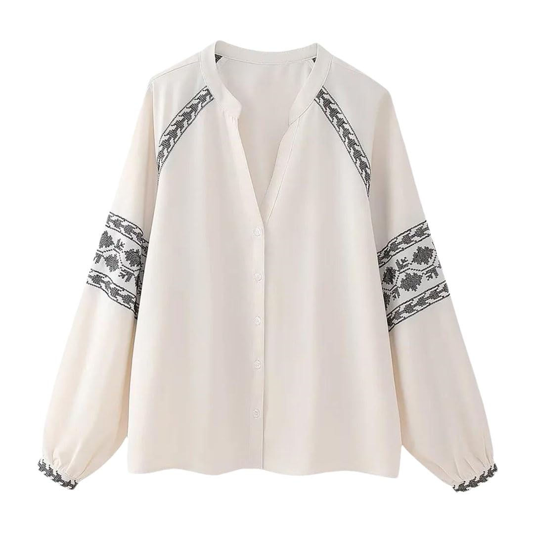 Donne Primavera Scollo a V Manica Lunga Monopetto Allentato Top Contrasto Ricamato Cover Up
