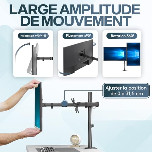 Bras ecran PC double ACROPAQ pivotant a 360 degres avec montage rapide sur table